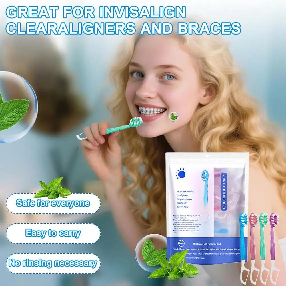5-in-1 Disposable Travel Toothbrush | Mint Bead, Floss & Pick Disposable Travel Toothbrush QXL