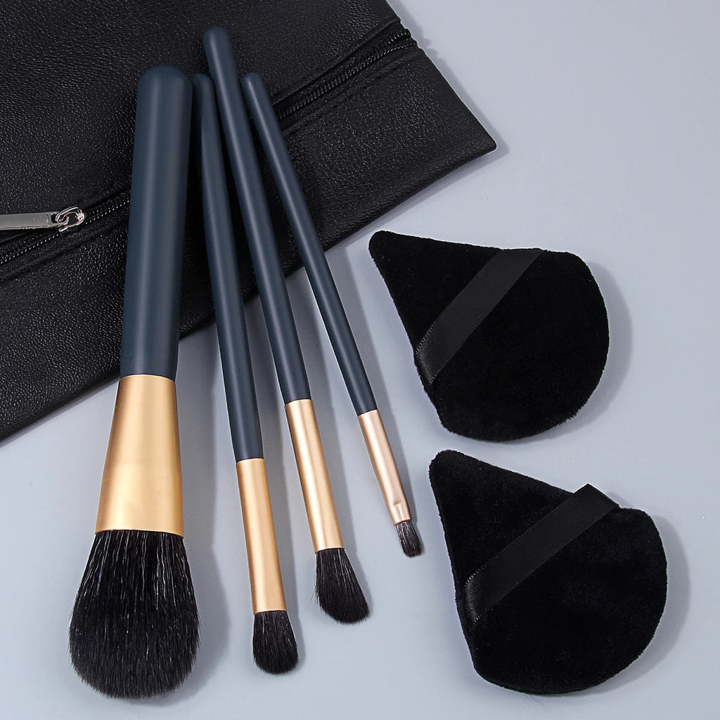 7-Piece Makeup Brush & Velvet Powder Puff Kit | Wood Handles Makeup Brush Set QXL