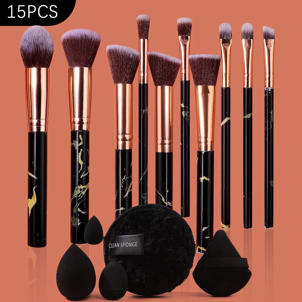 15-Pc Marble Makeup Brush Set with Sponge & Powder Puff Makeup Brush Set QXL
