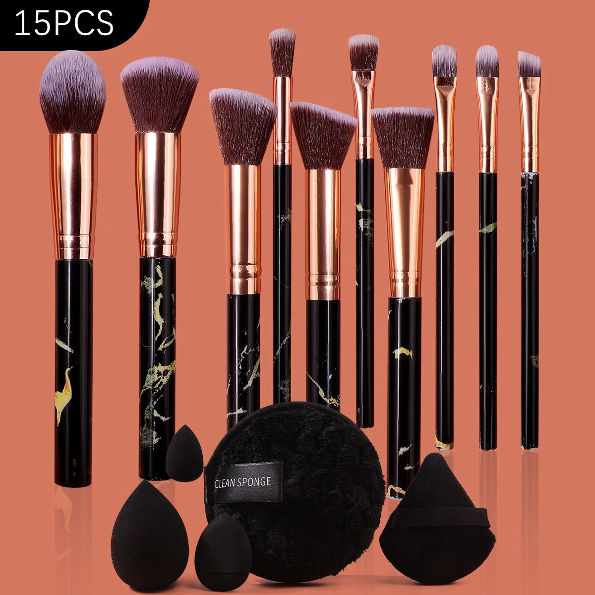KOSSHOW 15-Pc Marble Makeup Brush Set with Sponge Puffs Makeup Brush Set QXL