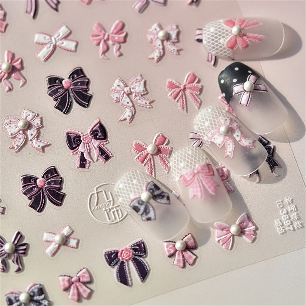 5D Kawaii Pink Bow Nail Stickers | Japanese Ribbon Decals Nail Art Stickers QXL