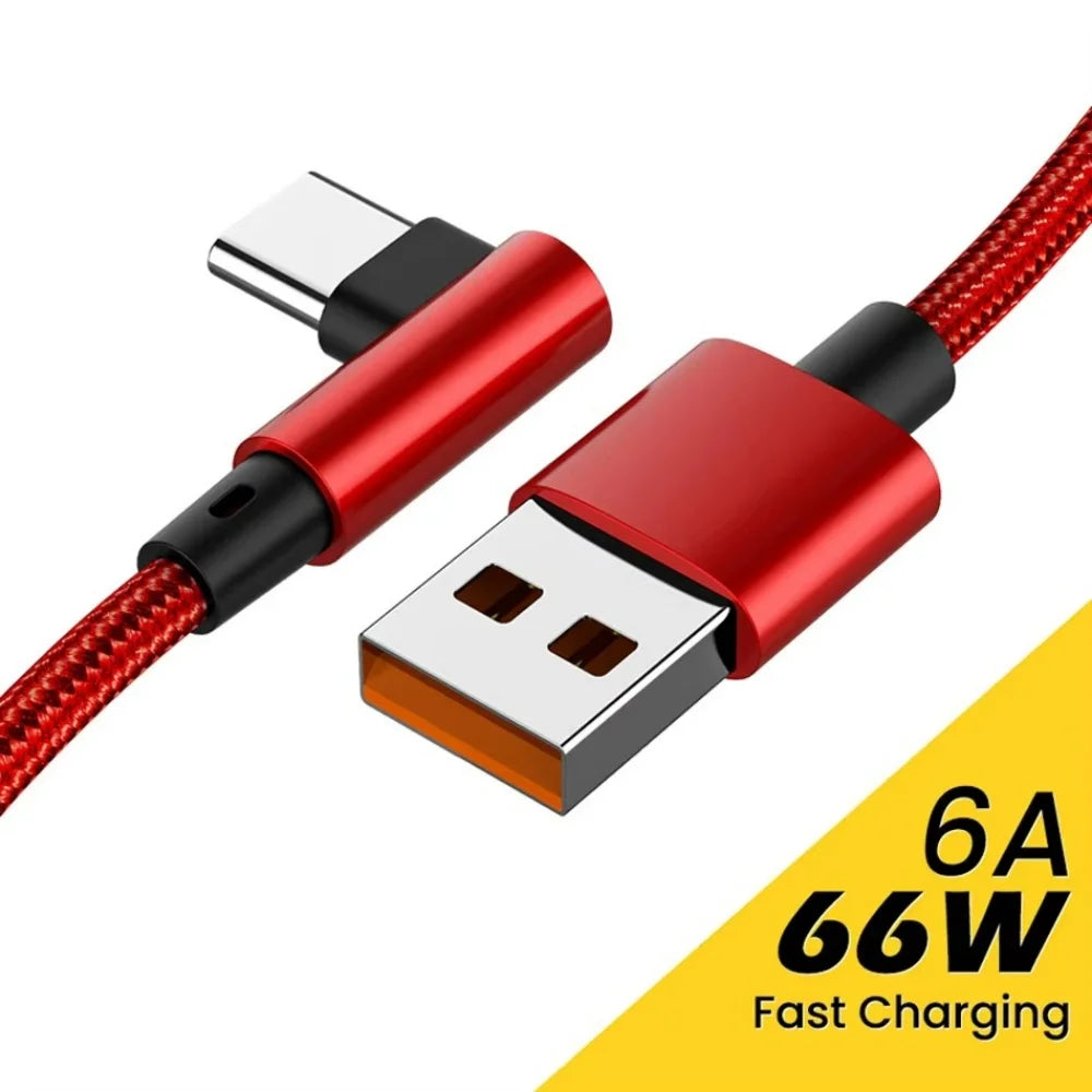 66W USB-C Fast Charging Cable 90° Right Angle Nylon Braided USB-C Charging Cable QXL Red 0.25m