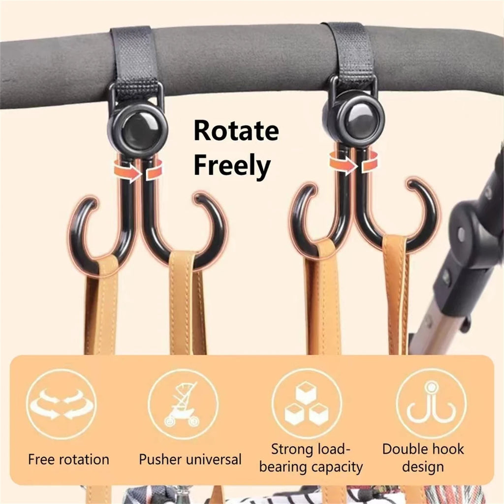 2-Pack 360° Rotating Stroller Hooks | PU Leather Pram Bag Hanger Stroller Hook Set QXL