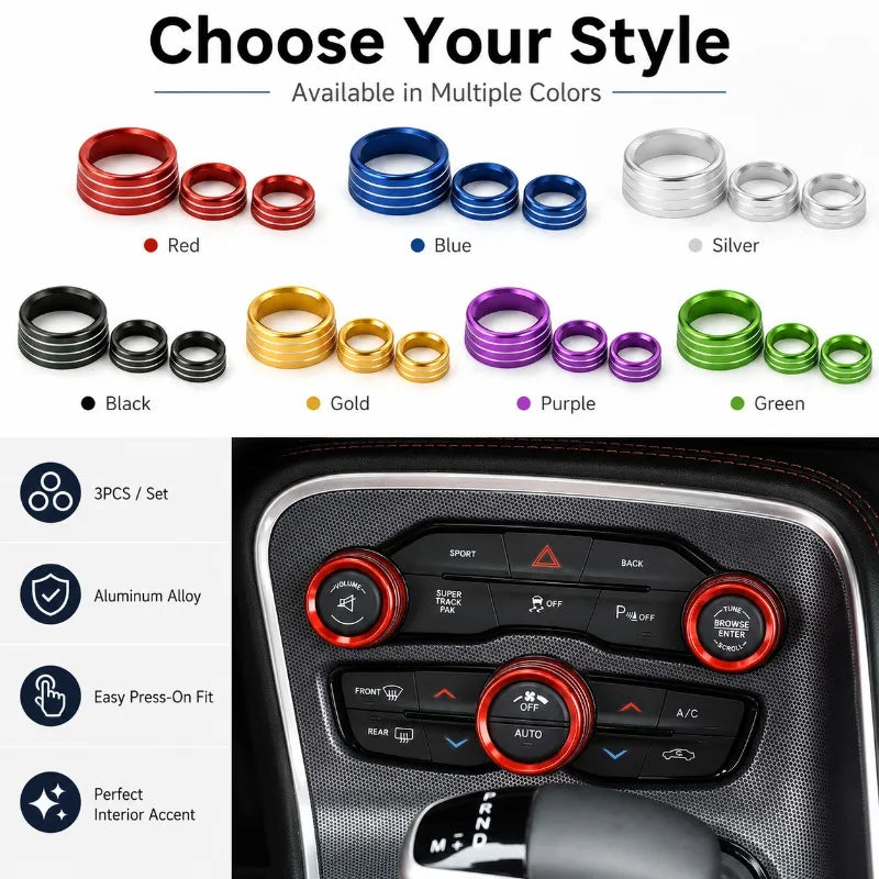 Aluminum A/C Audio Knob Trim Rings | Challenger Durango Cherokee Car Interior Trim QXL