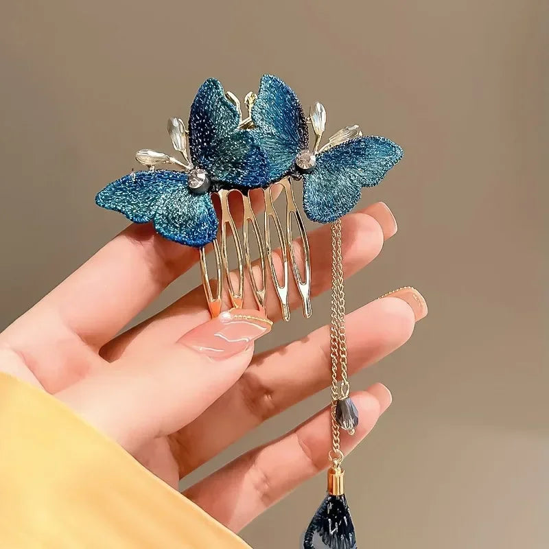 Retro Fringe Fan Hair Comb | Blue & Red Wedding Hairpin Decorative Hair Comb QXL