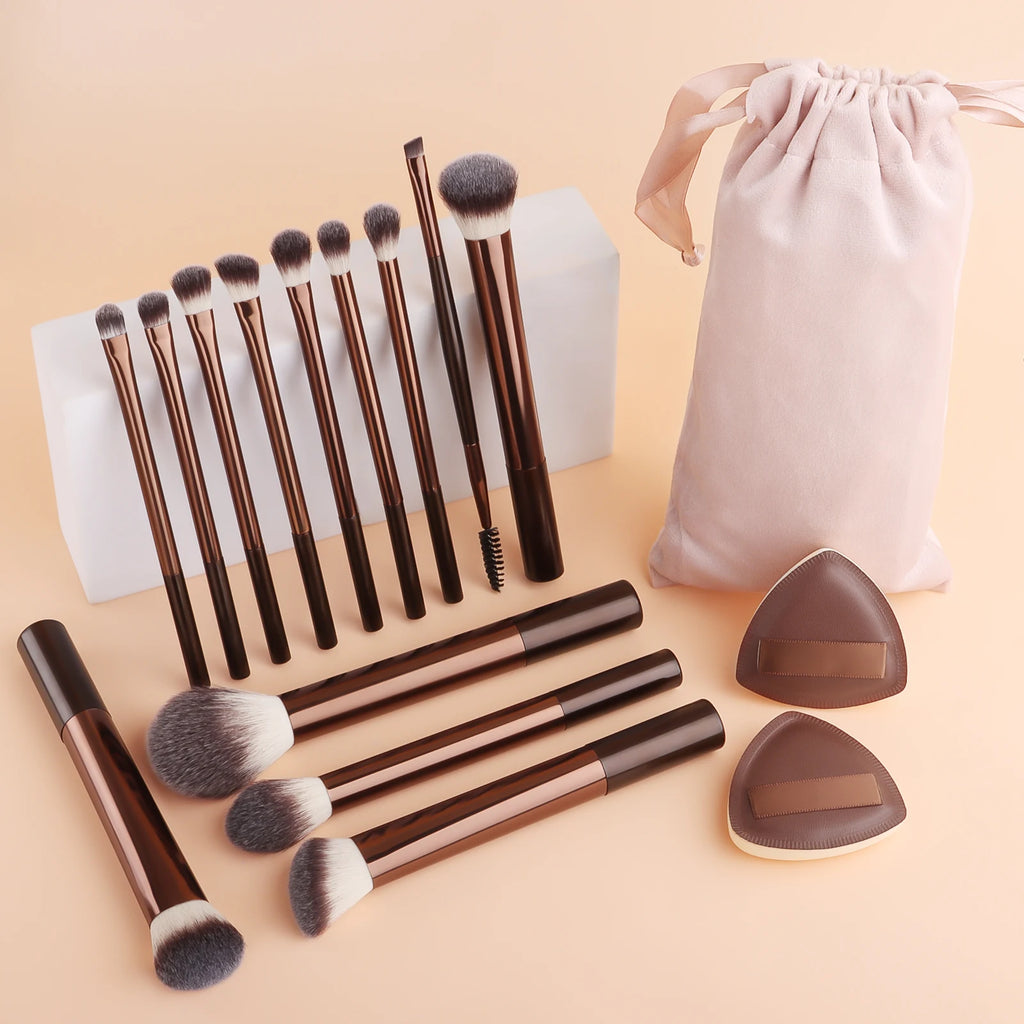 13-Pc Makeup Brush Set with Velvet Bag & 2 Puffs | Ronshadow Makeup Brush Set QXL