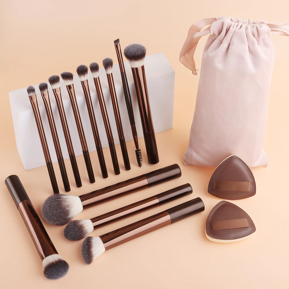 13-Pc Makeup Brush Set with Velvet Bag & 2 Puffs | Ronshadow Makeup Brush Set QXL