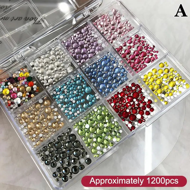 12-Grid Flat Back Rhinestone Nail Art Decoration Box Set Nail Art Rhinestones QXL Multicolor A