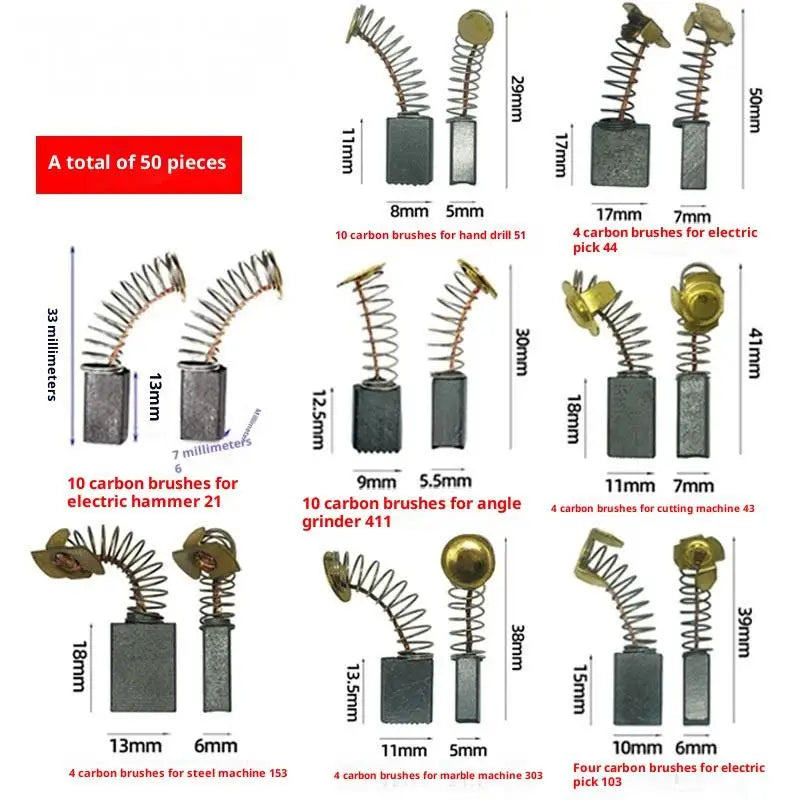 50-Pc Carbon Brush Set | 8 Models for Electric Motor & Power Tools Carbon Brush Set QXL Default Title