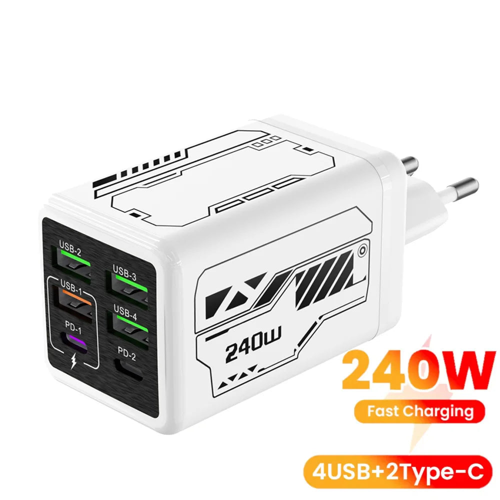 240W 6-Port USB-C Fast Charger PD 3.0 | EU US UK Plug USB Wall Charger QXL