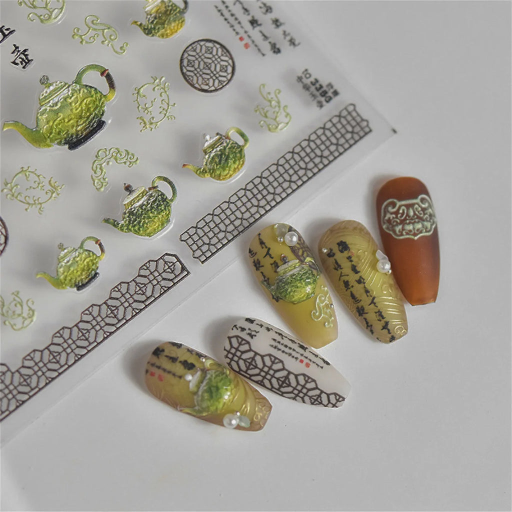 5D Embossed Retro Green Chinese Nail Art Stickers | DIY Decals Nail Art Stickers QXL