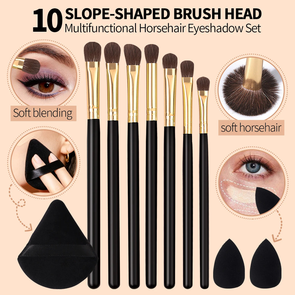 KOSSHOW 10-Pc Horsehair Eyeshadow Brush Set + Puff & Sponges Eyeshadow Brush Set QXL black