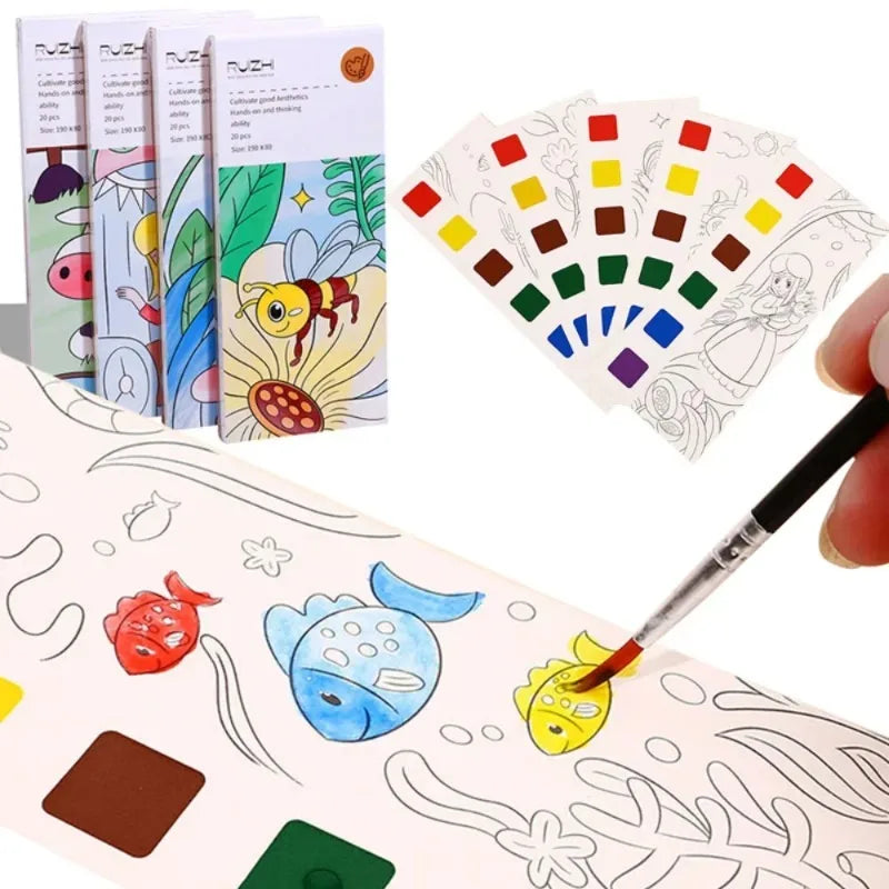 Kids Watercolor Painting Book Set – 20 Sheets & Brush Kids Watercolor Activity Set QXL