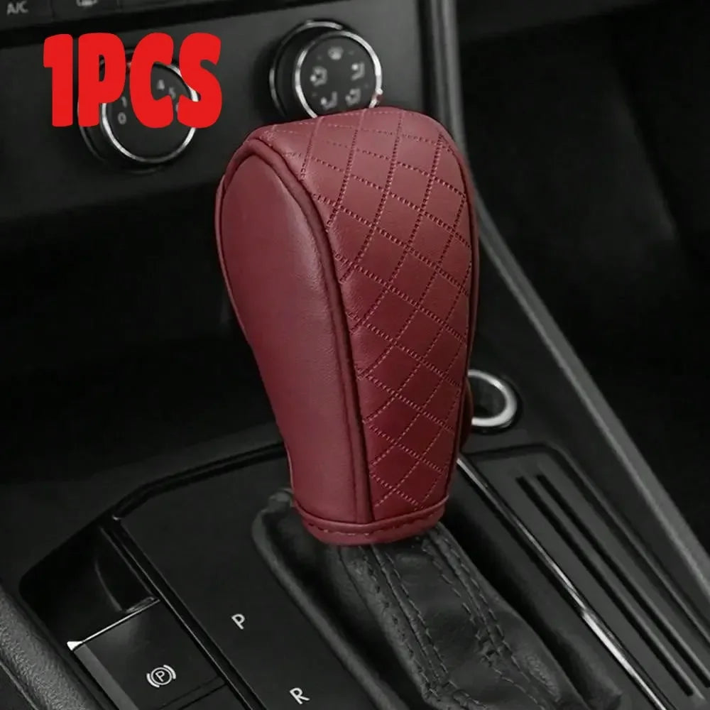 PU Leather Car Gear Shift Cover | Diamond Grid Non-Slip Gear Shift Cover QXL Red