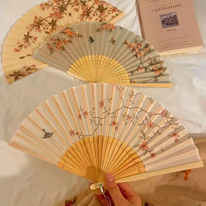 Chinese Bamboo Folding Fan | Silk Flower Dance & Decor Prop Folding Hand Fan QXL