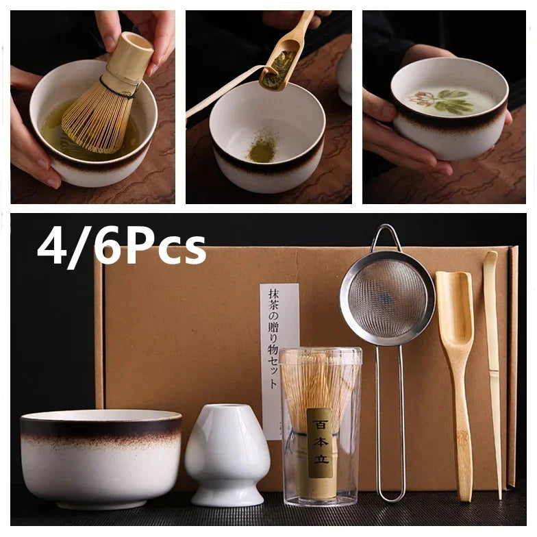 6-Pc Japanese Matcha Tea Ceremony Set | Bamboo & Ceramic Matcha Tea Set QXL