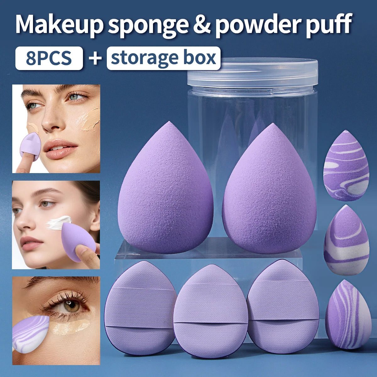 8-Pc Purple Makeup Sponge & Powder Puff Set + Storage Jar Makeup Sponge Set QXL PURPLE