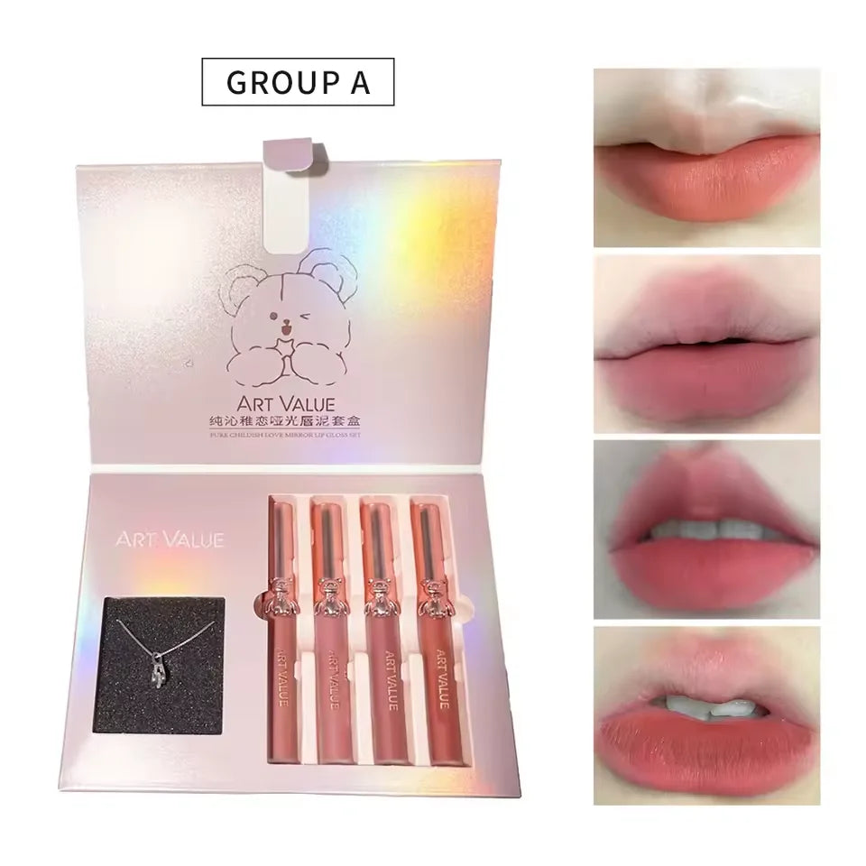 VERONNI Bear Lip Glaze & Necklace Gift Set | 4-Pc Matte Mirror Lip Glaze Gift Set QXL A Set