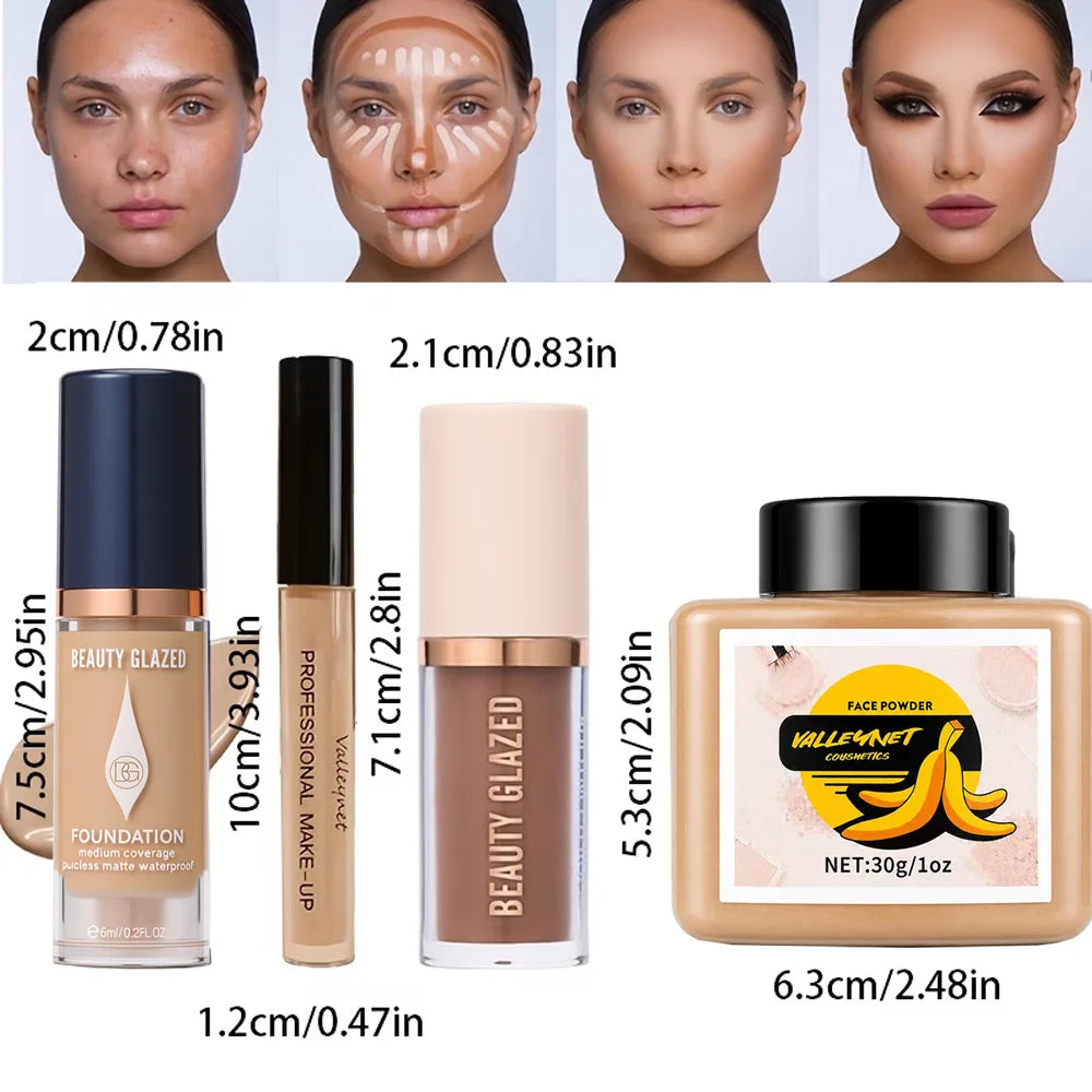 4-Piece Face Makeup Set | Foundation, Concealer, Contour & Powder Face Makeup Set QXL