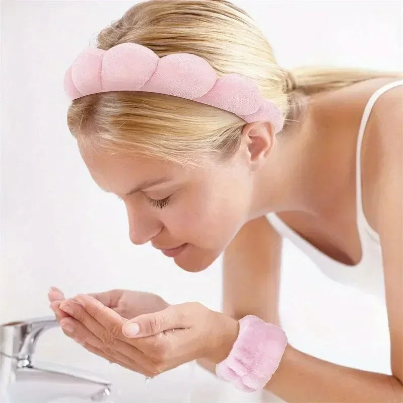 3-Pc Puffy Sponge Headband & Wristband Set for Face Washing Spa Headband Set QXL