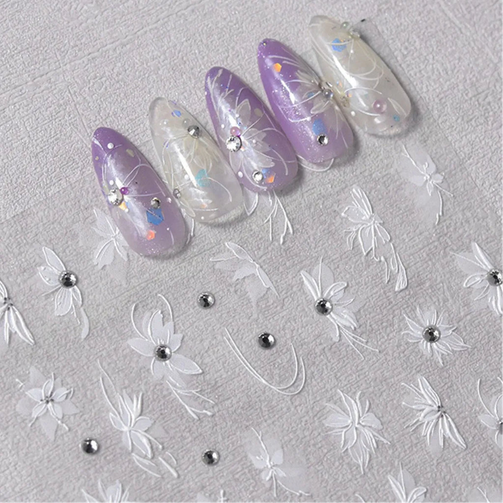 5D Diamond White Flower Nail Stickers | Kawaii Acrylic Decals Nail Art Stickers QXL