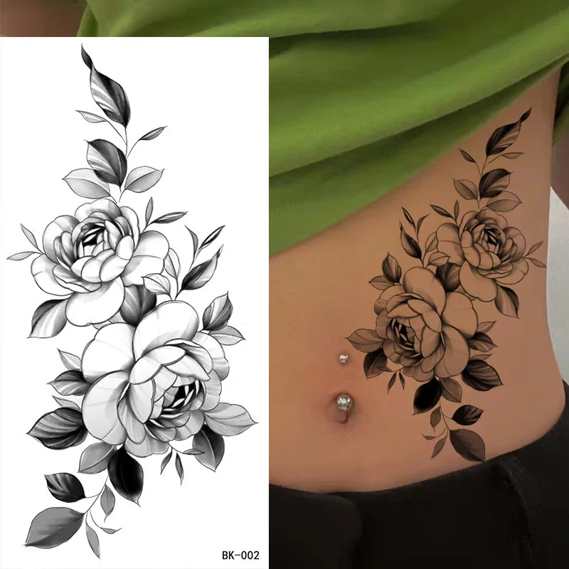 Large Black Floral Temporary Tattoo | Rose & Peony Water Transfer Temporary Tattoo Sticker QXL