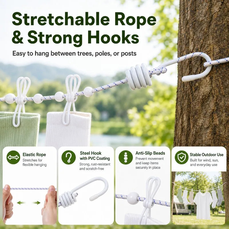 Portable Travel Clothesline – 12 Windproof Clips & Hooks Travel Clothesline QXL