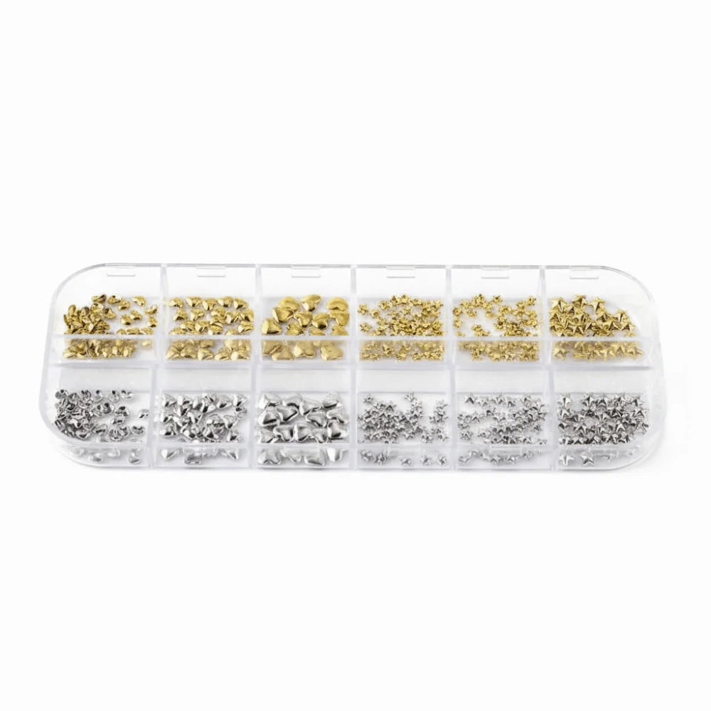 12-Grid 3D Metal Nail Charms | Gold Silver Heart & Star Set Nail Art Charms QXL
