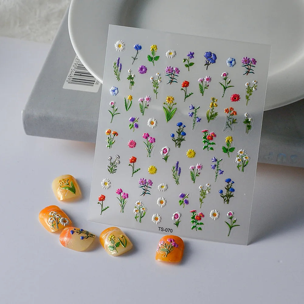 5D Embossed Flower Nail Art Stickers | Spring Daisy Decals Nail Art Stickers QXL