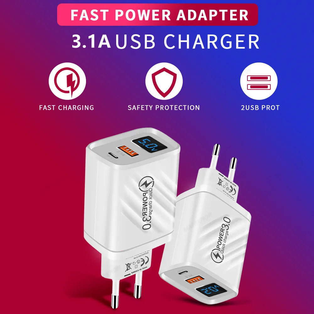 20W USB-C PD Fast Charger with Digital Display | QC 3.0 USB Wall Charger QXL