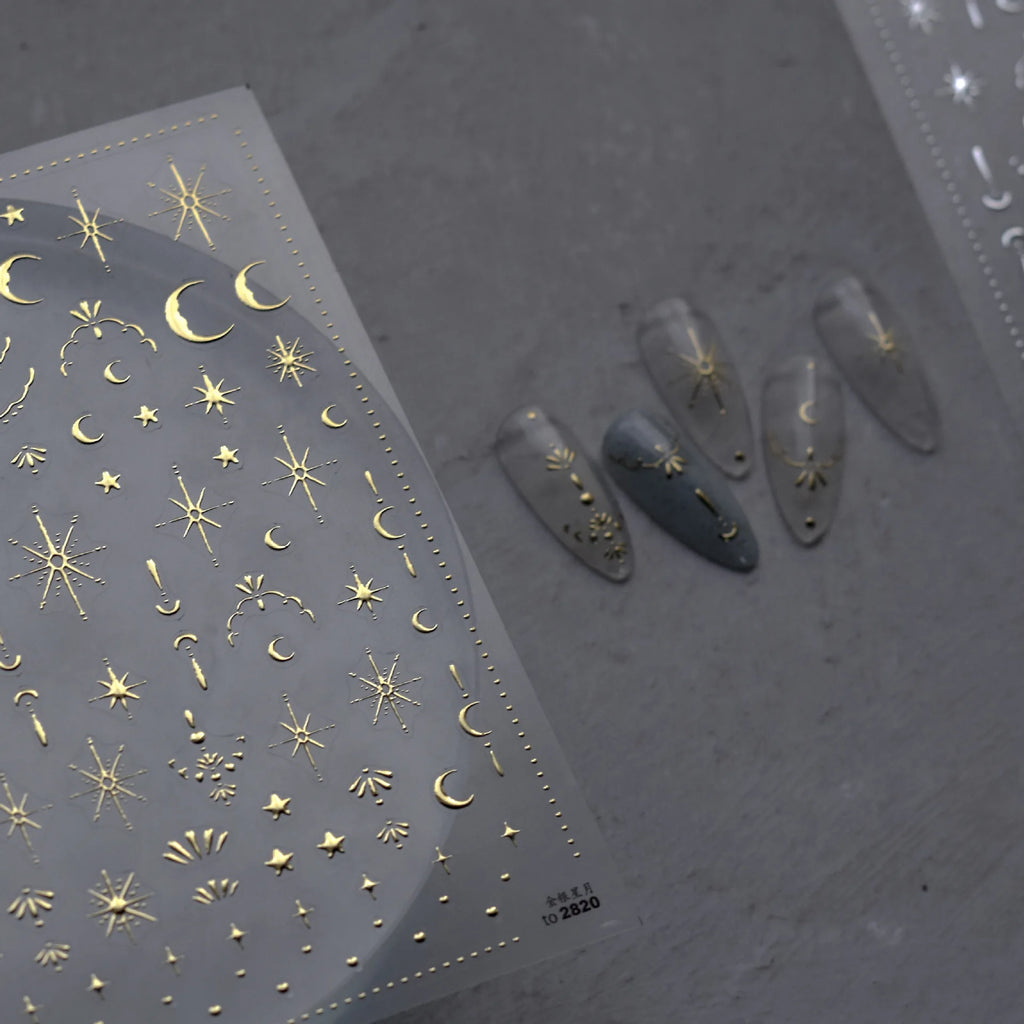 5D Japanese Retro Nail Stickers | Gold Silver Fire Star Decals Nail Art Stickers QXL