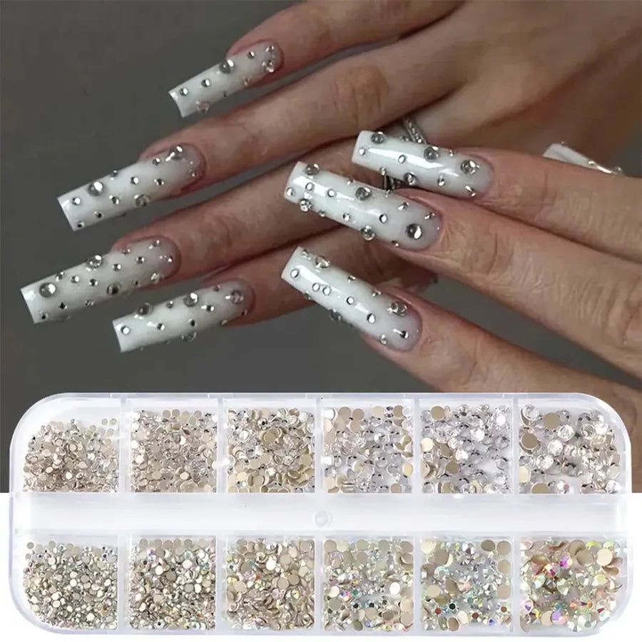 1440-Pc AB & White Glass Nail Rhinestones | 12-Grid Mixed Set Nail Rhinestone Set QXL