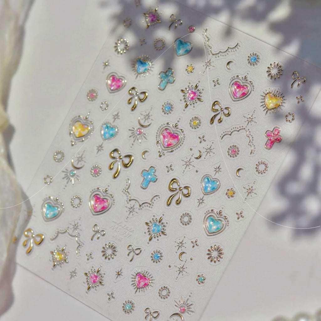 5D Embossed Nail Stickers | Heart Rhinestone Bow Moon Star Decals Nail Art Stickers QXL