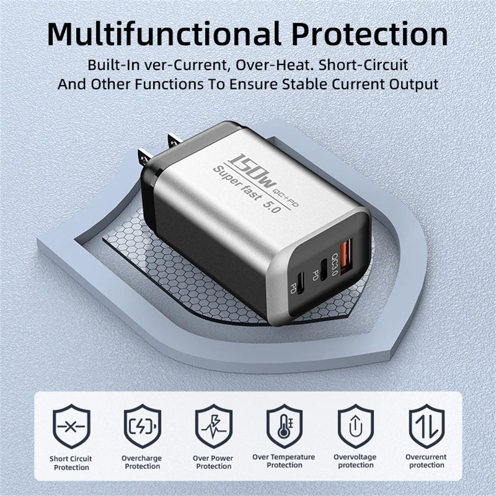 150W USB-C Fast Charger QC3.0 PD3.0 Multi-Port Wall Adapter USB-C Wall Charger QXL