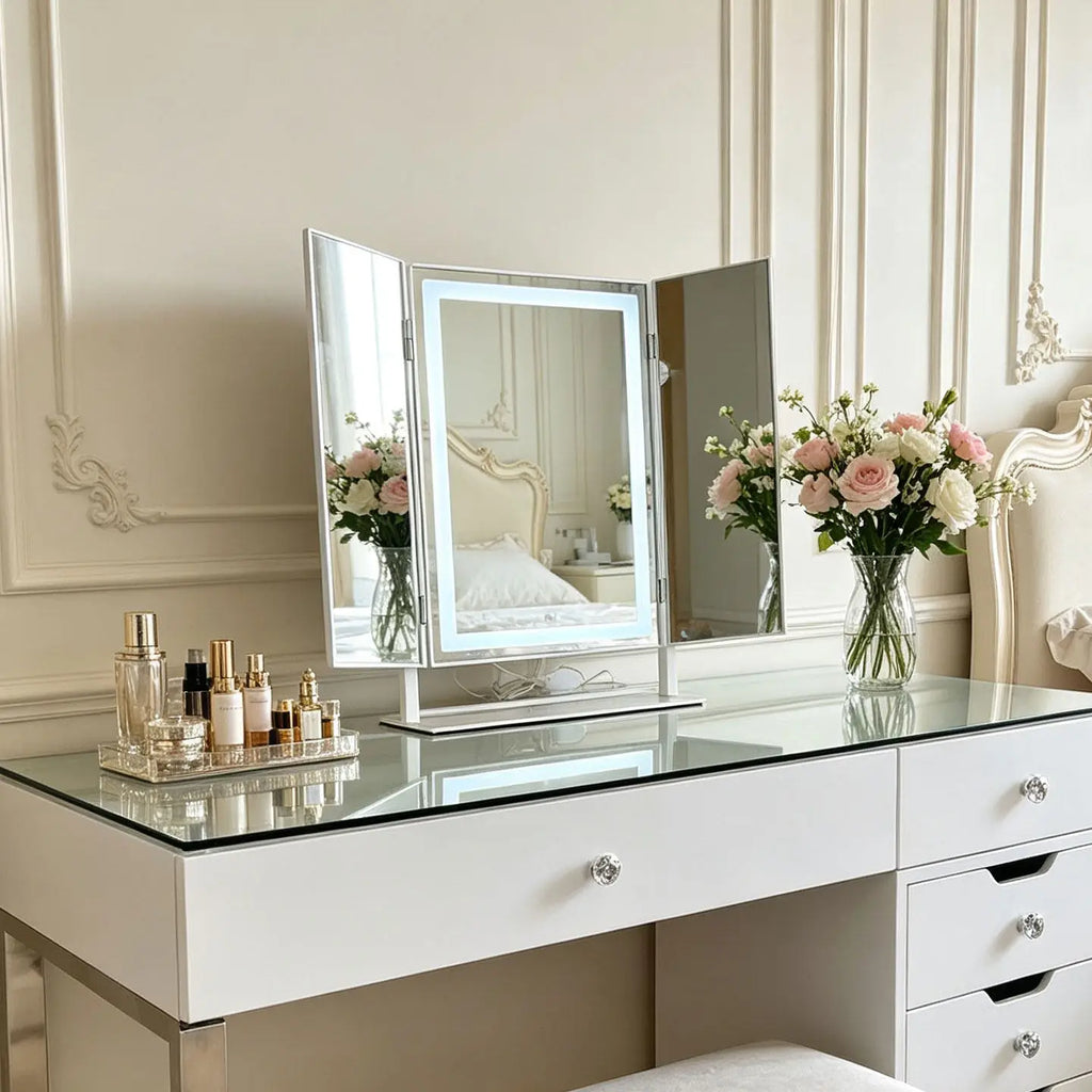 3-Fold LED Tabletop Makeup Mirror | Lighted Vanity Mirror LED Vanity Mirror QXL