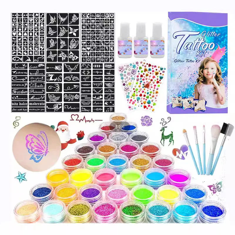VERONNI 30-Color Glitter Tattoo Kit with Stencils – Kids & Adults Glitter Tattoo Kit QXL