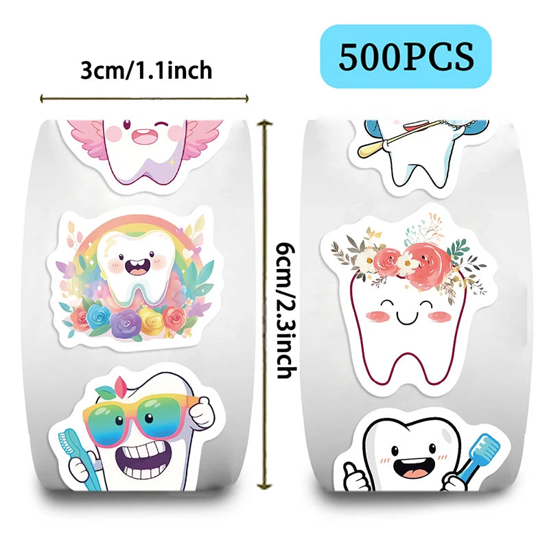 500 Tooth-Shaped Cartoon Stickers Roll | Kids Dental Rewards Dental Reward Stickers QXL