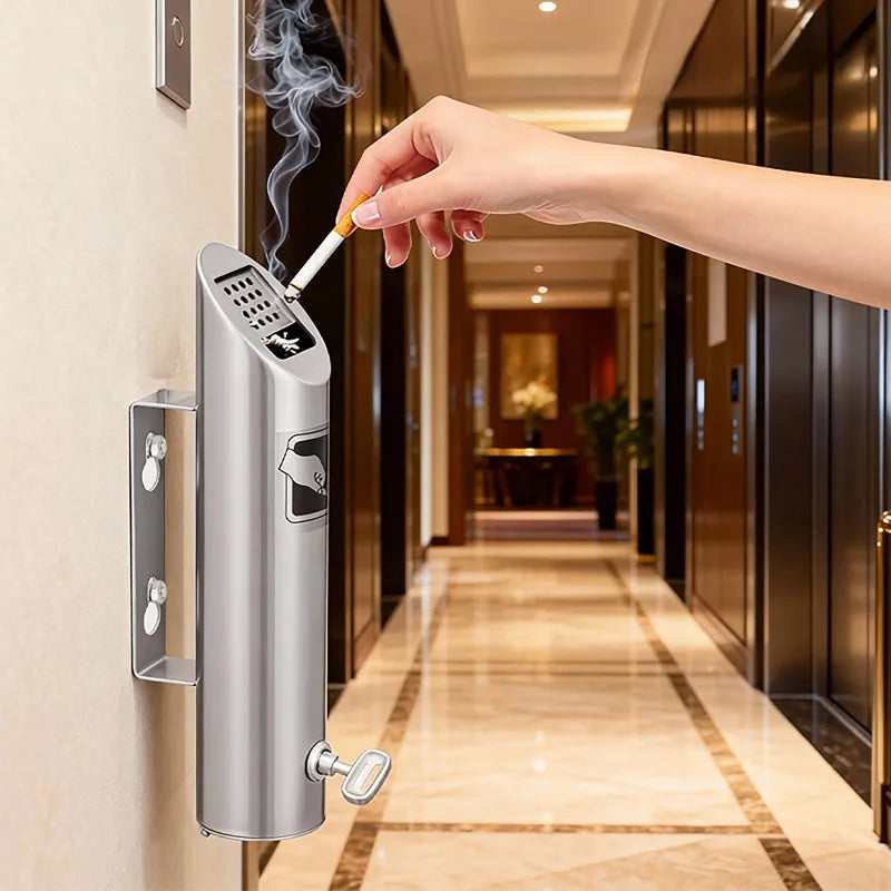 Wall-Mounted Stainless Steel Ashtray with Lock | Outdoor Ash Bin Wall-Mounted Ashtray QXL
