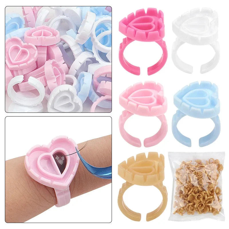 100-Pack Heart-Shaped Glue Ring Cups | Lash & Tattoo Palette Glue Ring Palette QXL