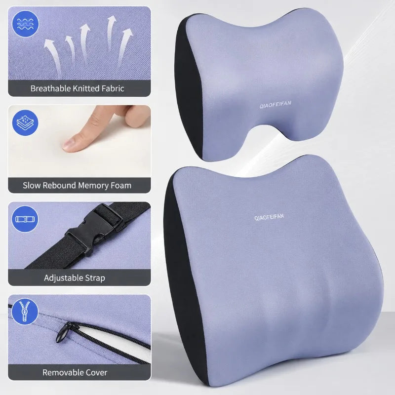 Memory Foam Car Neck Pillow & Lumbar Support Cushion Car Seat Cushion Set QXL