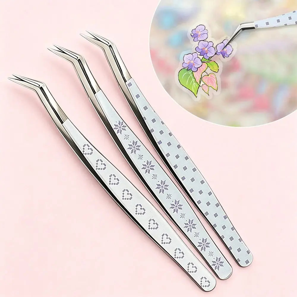 Curved Stainless Steel Eyelash Tweezers | Cartoon Pattern Design Eyelash Tweezers QXL