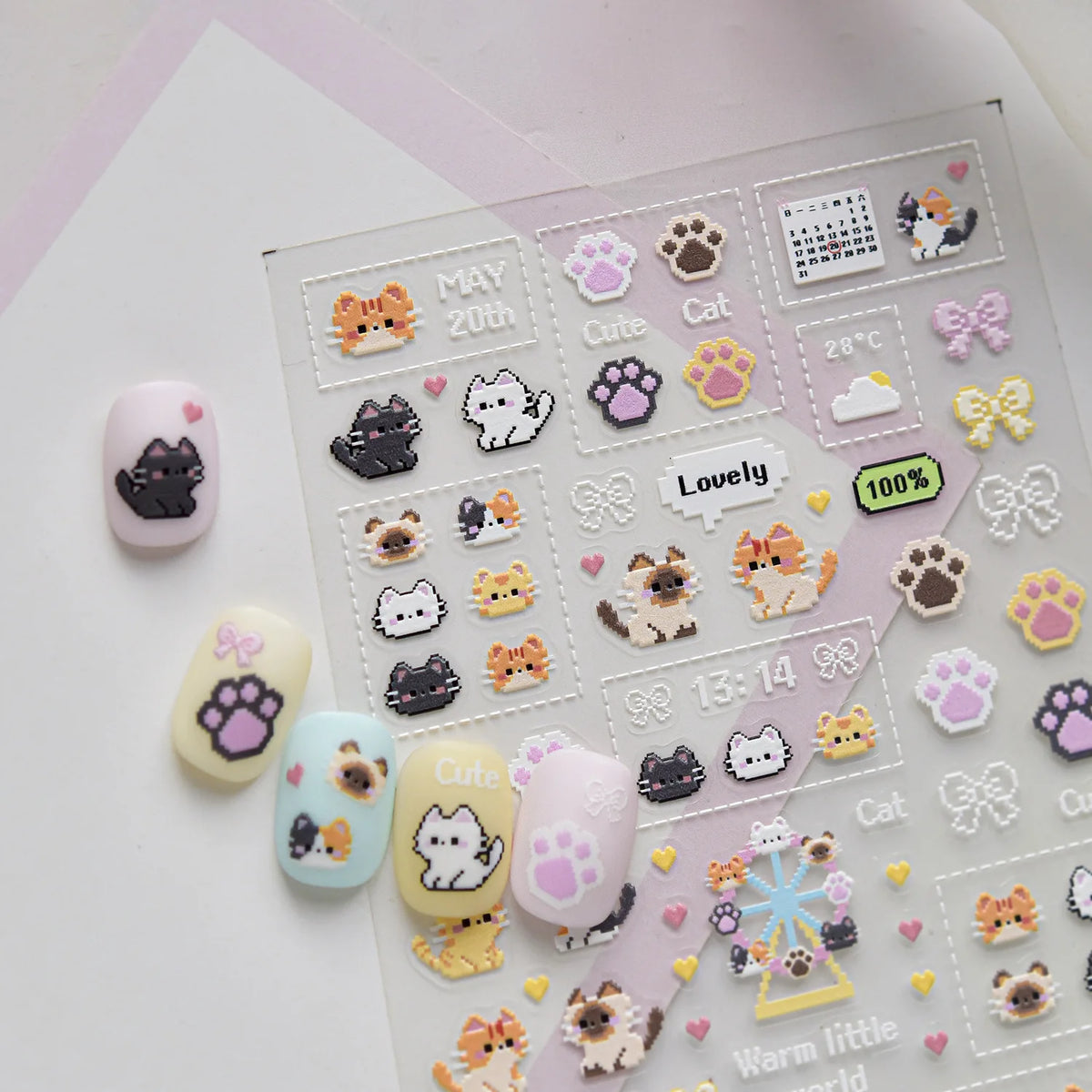 5D Cat Pixel Bead Nail Stickers | Self-Adhesive Cartoon Decals Nail Art Stickers QXL