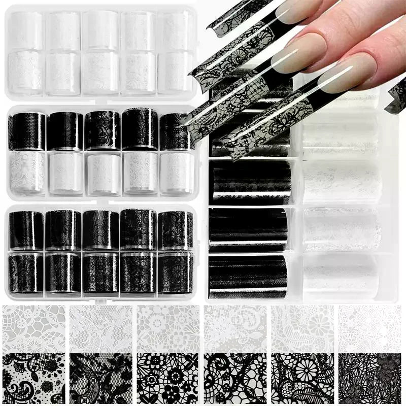 10-Roll Lace Nail Transfer Foils | Black White Red Floral Art Nail Transfer Foils QXL