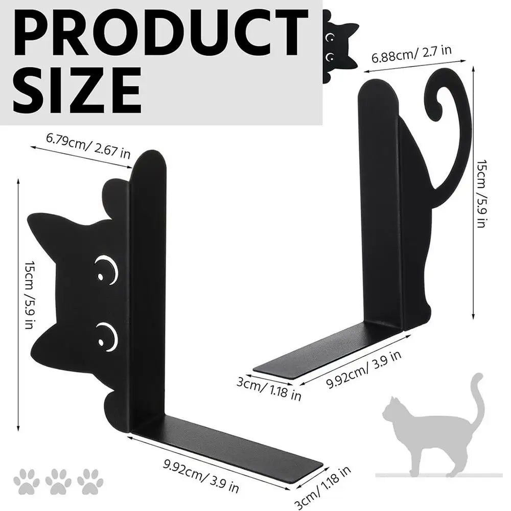 Cute Cat Metal Bookends | Decorative Iron Book Stopper Pair Decorative Bookends QXL Black
