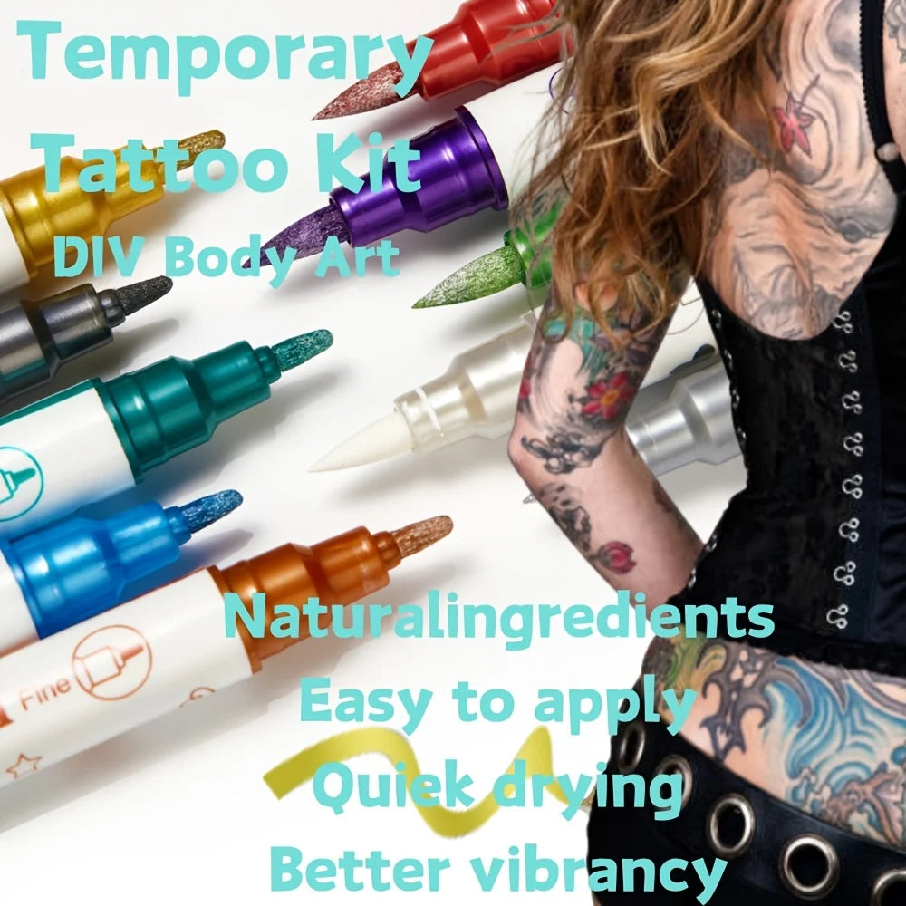 10-Color Dual-Ended Temporary Tattoo Pen Set | Body & Face Art Temporary Tattoo Pen QXL