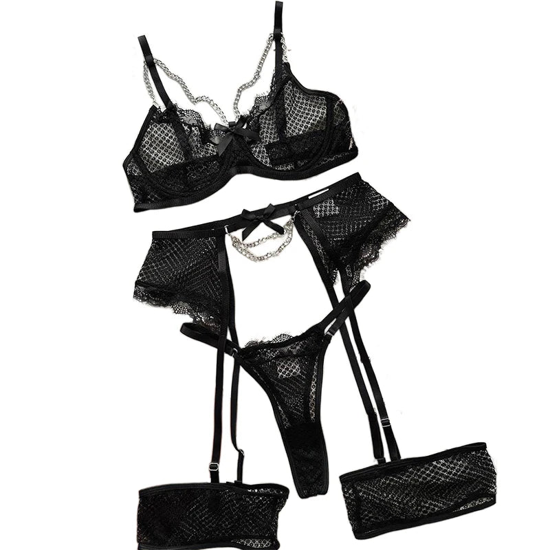 Women's Lace Garter Lingerie Set | Underwire Bra & Thong Lingerie Set QXL
