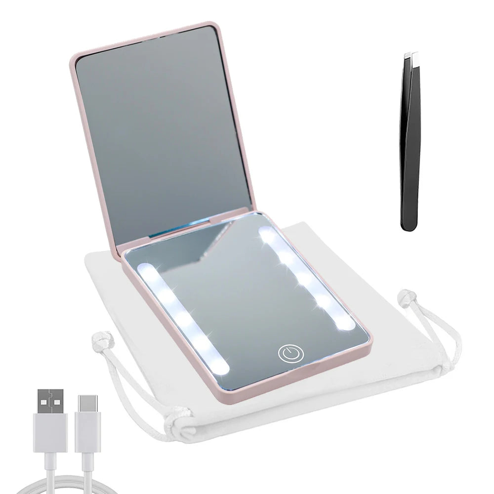 Mini LED Pocket Makeup Mirror 3X Magnification & Tweezers LED Makeup Mirror QXL 10LED Pink 3X