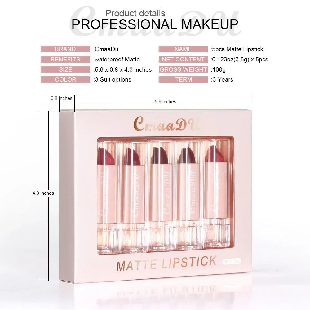 CmaaDu 5-Pc Matte Lipstick Set | Waterproof Long-Lasting Nudes Matte Lipstick Set QXL