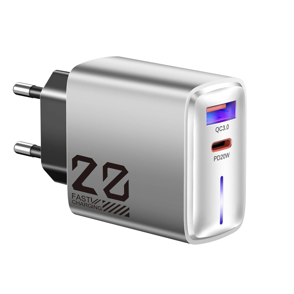 20W USB-C PD Fast Charger QC3.0 Wall Adapter | iPhone & Android USB-C Wall Charger QXL EU Plug Silver