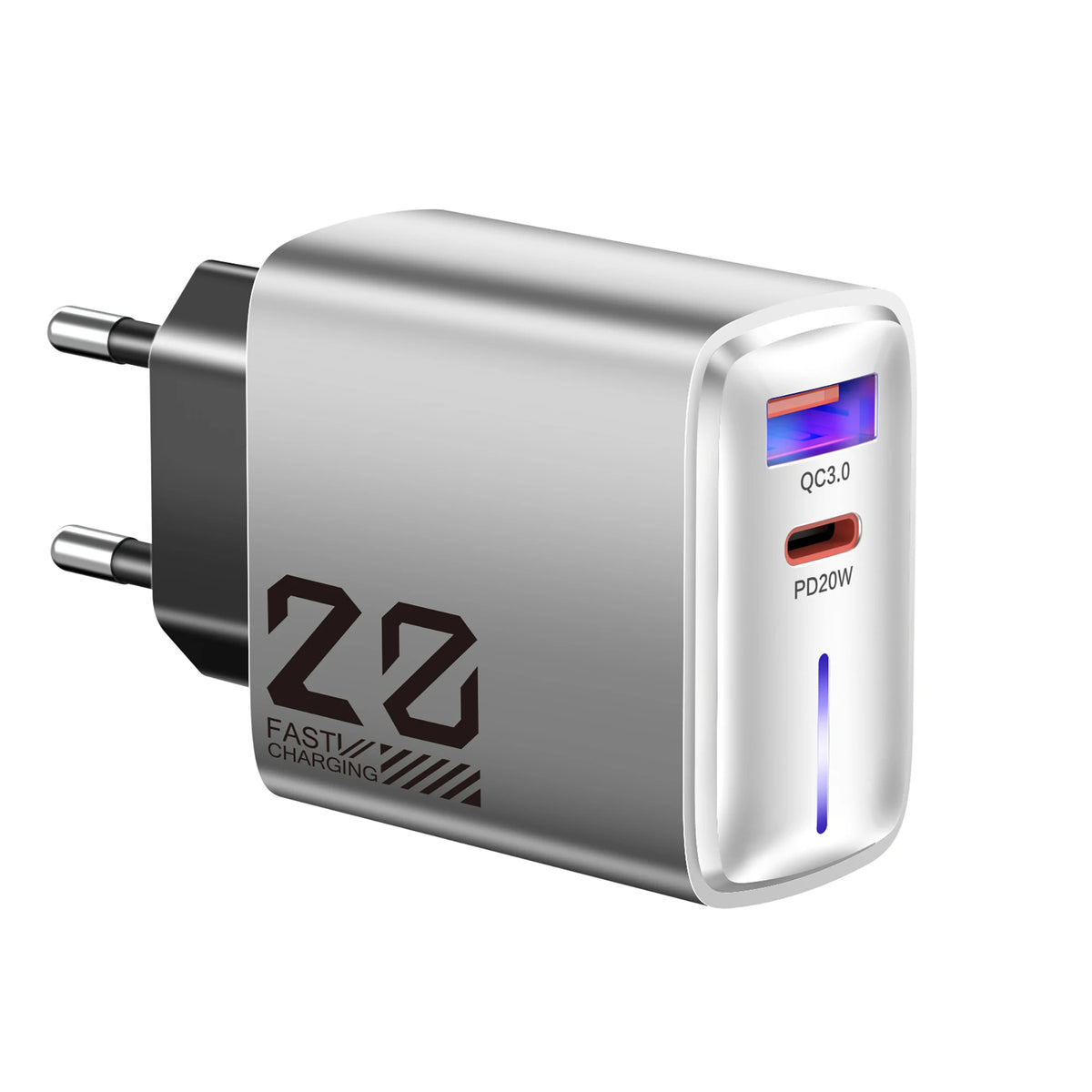 20W USB-C PD Fast Charger QC3.0 Wall Adapter | iPhone & Android USB-C Wall Charger QXL EU Plug Silver